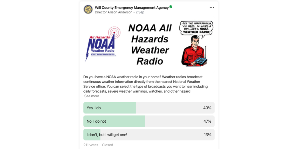 A screen capture of a poll where neighbors shared if they have a NOAA weather radio. 
